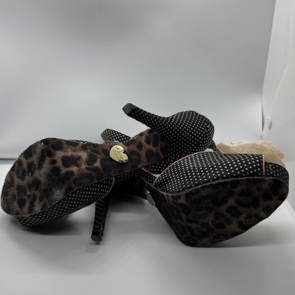 Betsey Johnson Black Polka Dot Ankle Strap Heels with Cream Bow - Picture 6 of 11